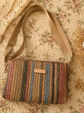 Boho Straw Crossbody Bag Pastel Stripe Woven Purse